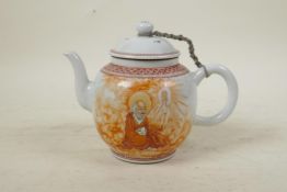 A Chinese Republic porcelain teapot decorated with a sage in red robes, inscription verso, 4