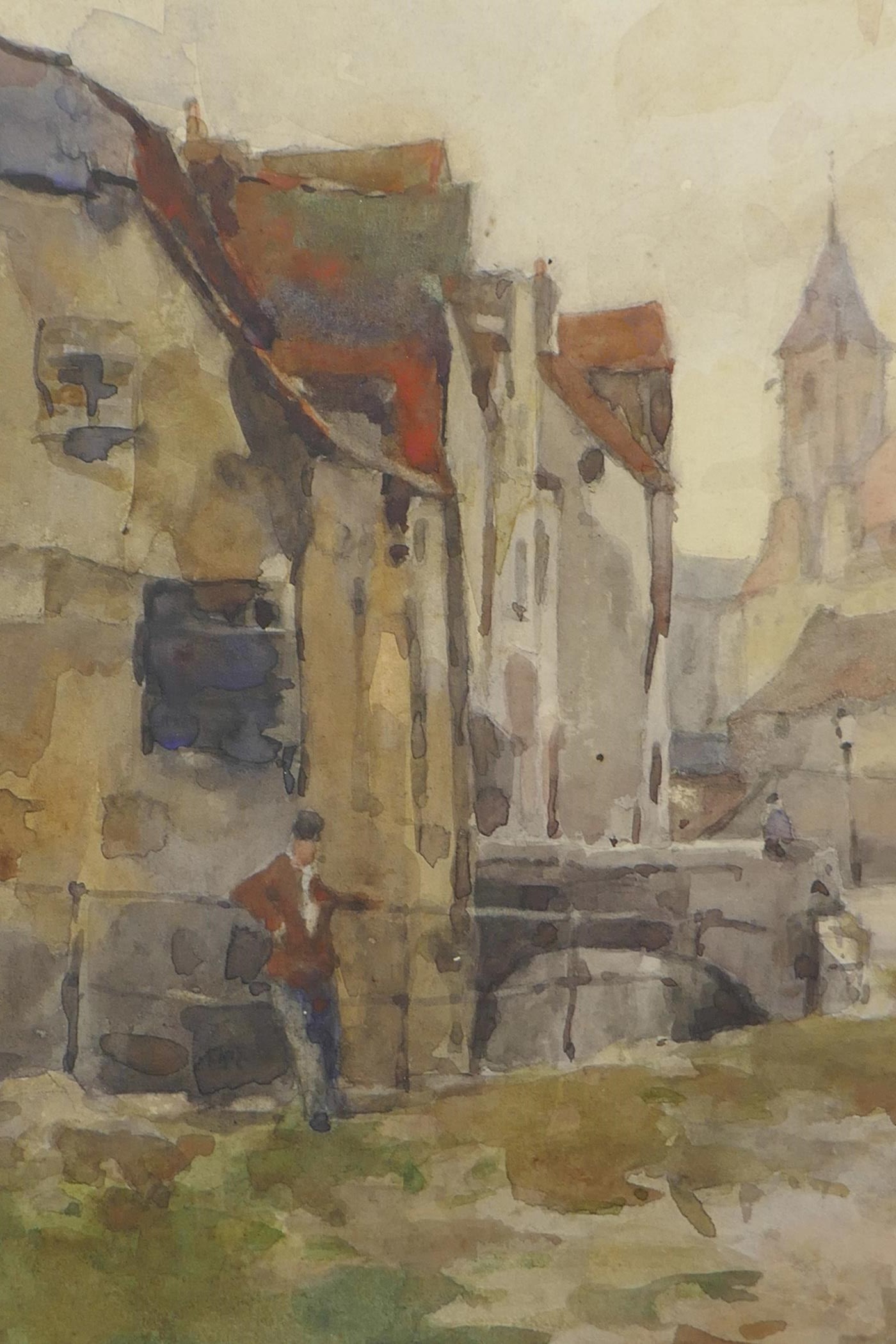 Street scene with figure by canal railings, signed 'Rose Burton', unframed watercolour, 10½" x 9"