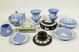 A collection of ten pieces of Wedgwood Jasperware including an oval black trinket box, 4½" long (10)