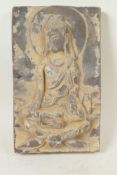 A Chinese late C19th/early C20th pottery tile with raised decoration of Quan Yin, 6" x 10"