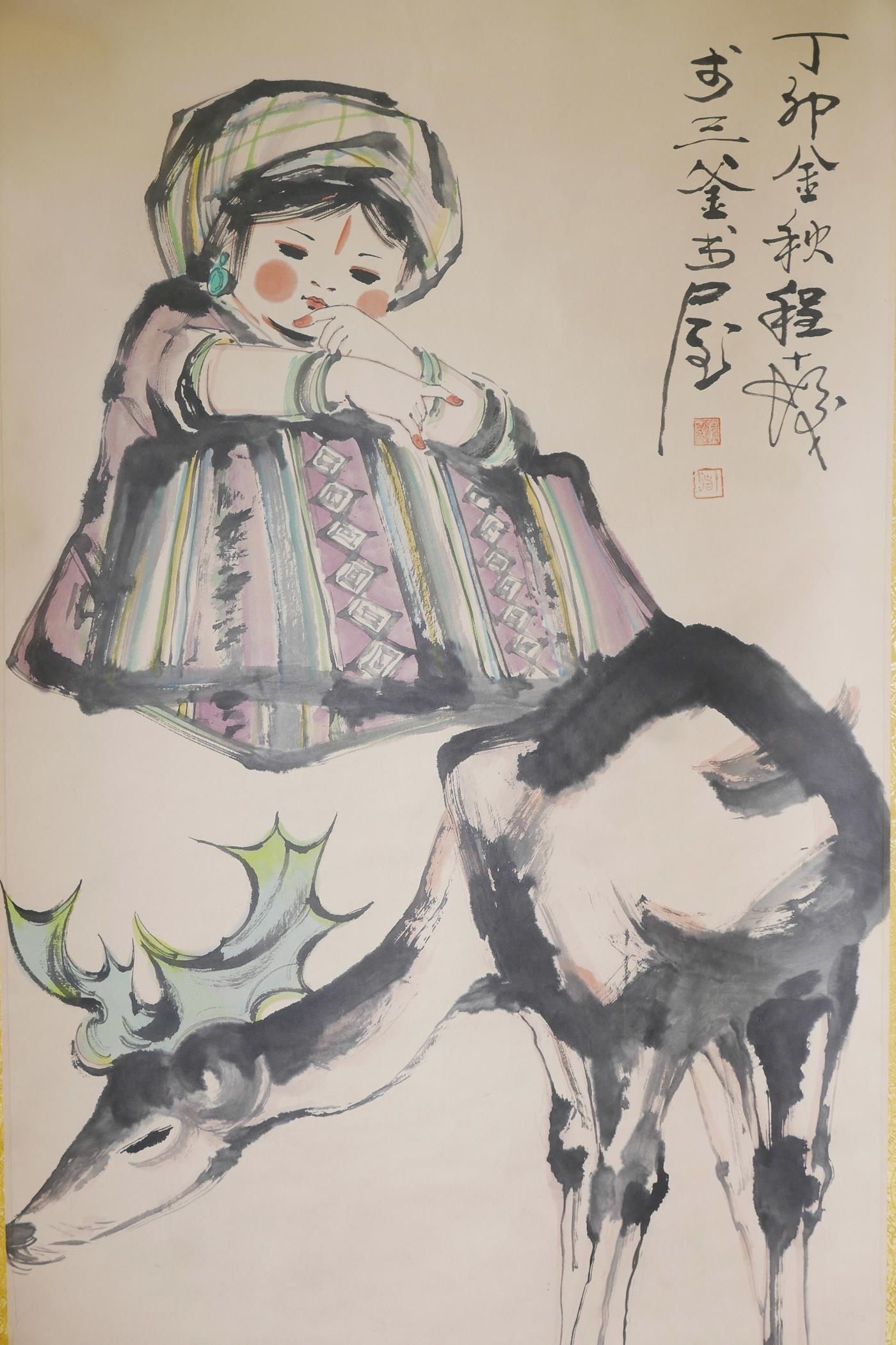 A Chinese watercolour scroll decorated with a child and deer, 27" x 53" - Image 2 of 3