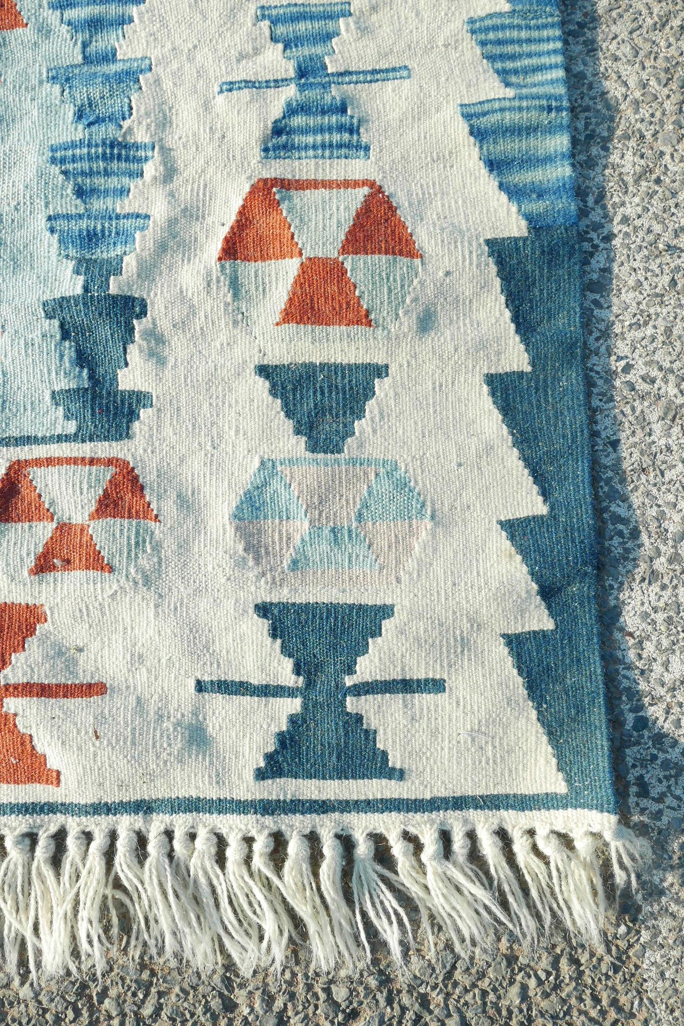 A Swedish blue ground rug decorated with geometric twin medallion design, 41" x 62" - Image 3 of 4