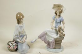 Two boxed Lladro figures, girl with basket of flowers 7.607, and girl with puppy and umbrella '