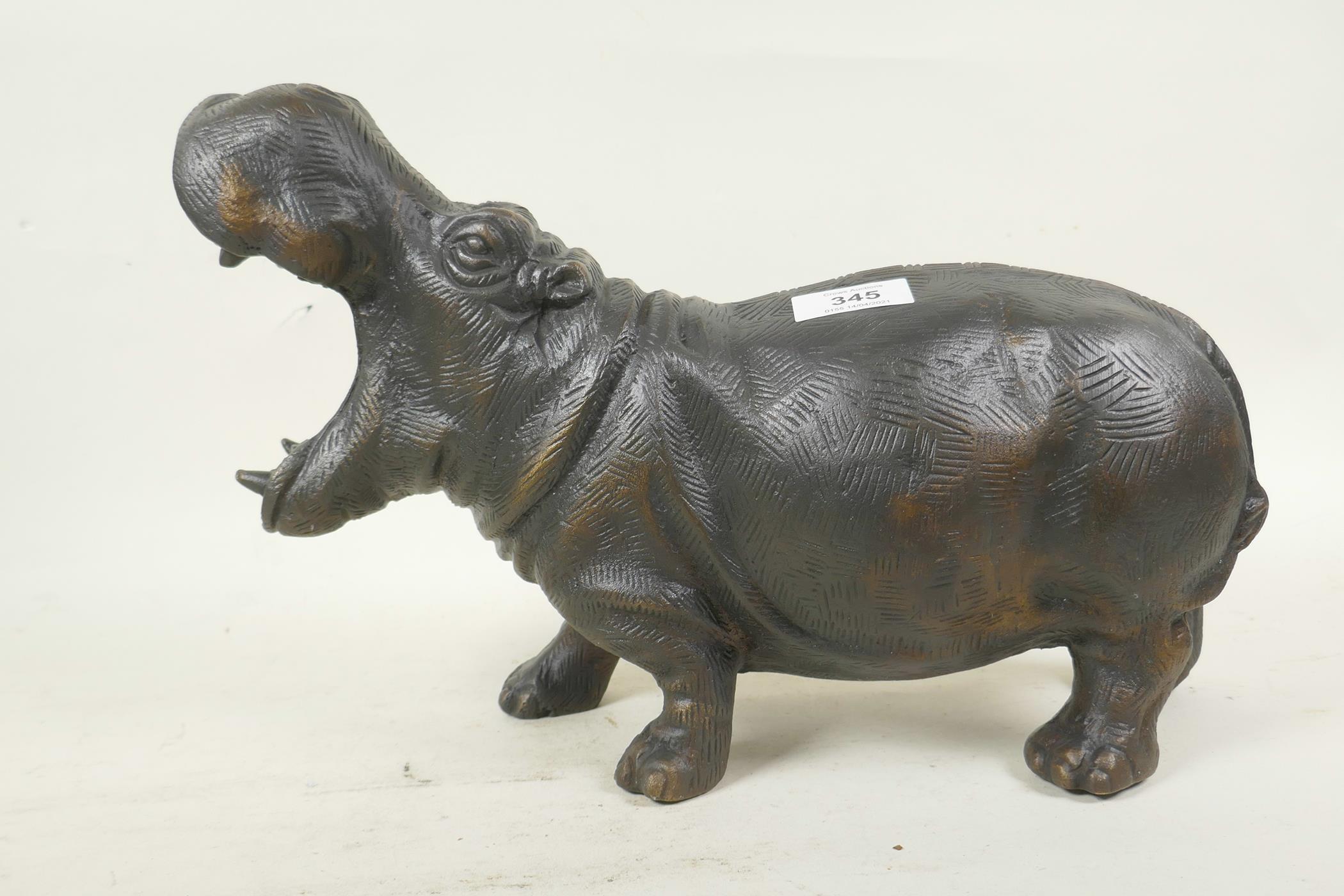 A cast bronze figure of a hippopotamus, 14" long - Image 4 of 4