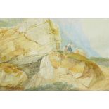 Figures with sheep by a mountain pass, signed 'C. Carelli', C19th, watercolour, 10" x 20"
