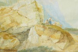 Figures with sheep by a mountain pass, signed 'C. Carelli', C19th, watercolour, 10" x 20"