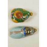 A Chinese polychrome porcelain snuff bottle in the form of a cicada, and another similar in the form