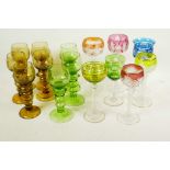 Fifteen various Bohemian art and coloured glass wine goblets