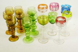 Fifteen various Bohemian art and coloured glass wine goblets