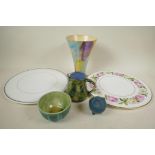 Two Royal Worcester 11" serving/cheese platters together with a lustre glazed trumpet shaped vase, a
