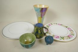Two Royal Worcester 11" serving/cheese platters together with a lustre glazed trumpet shaped vase, a