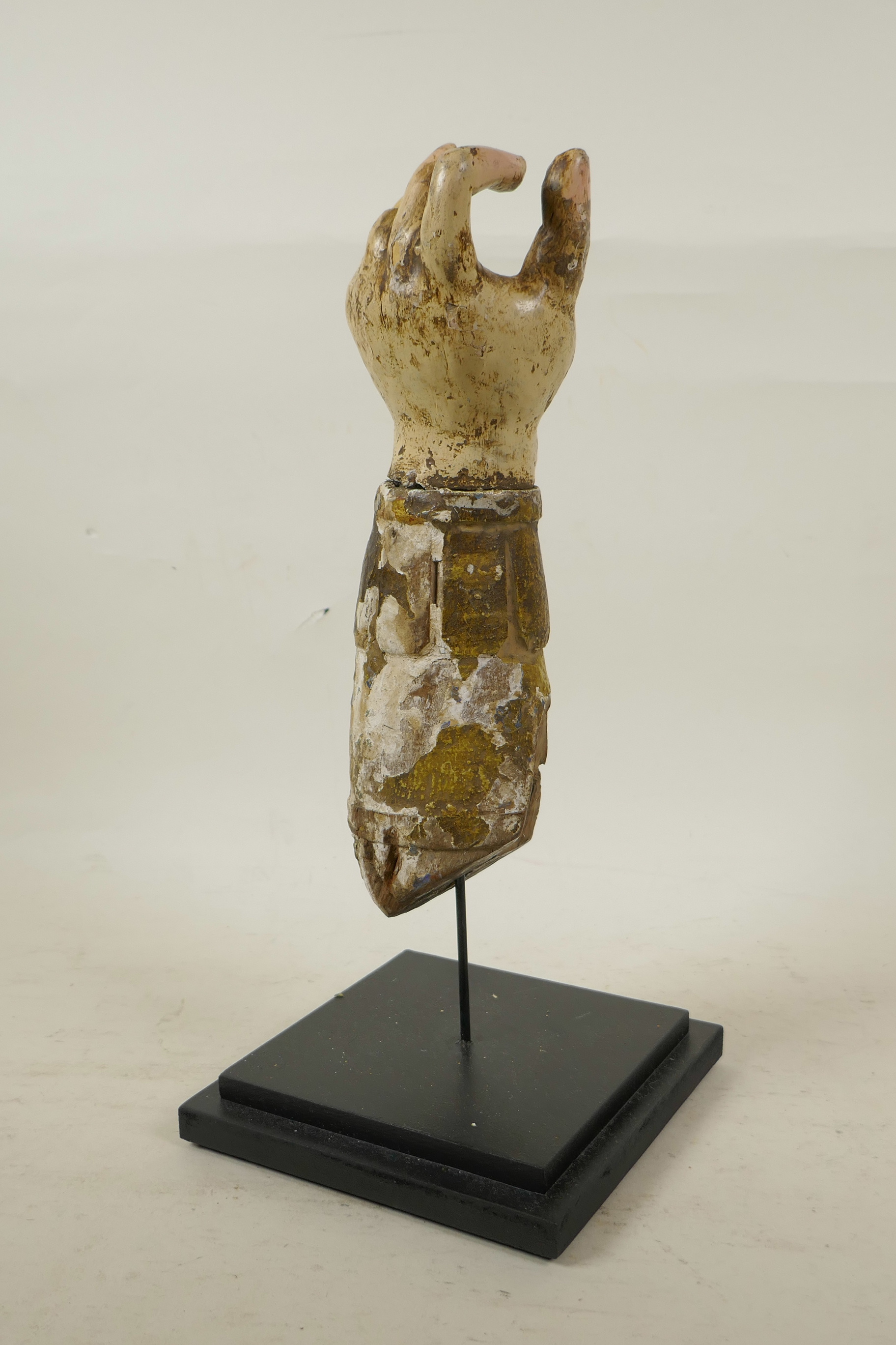 A C18th carved and parcel gilt wood hand, mounted, 12½" high, losses - Image 2 of 4