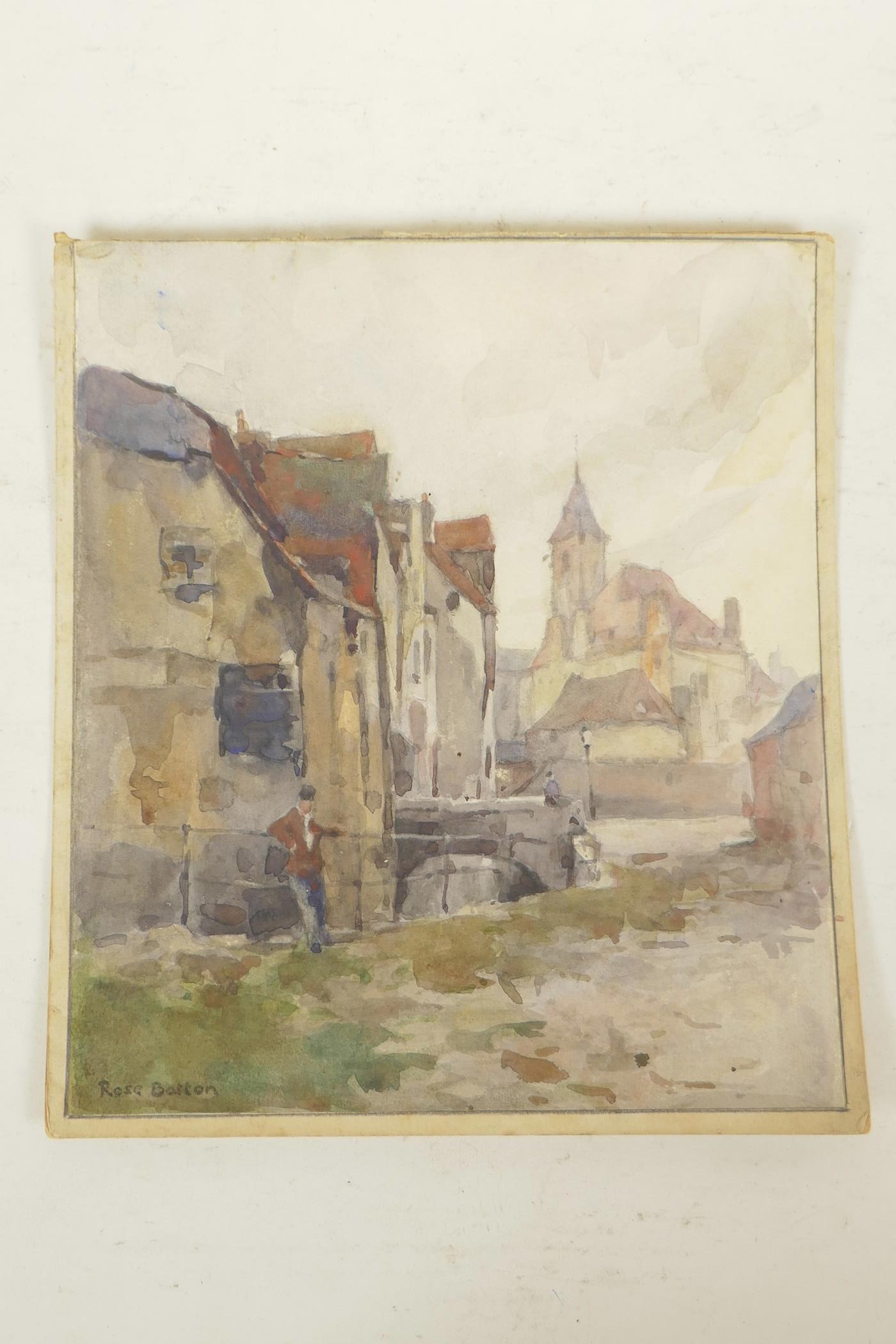 Street scene with figure by canal railings, signed 'Rose Burton', unframed watercolour, 10½" x 9" - Image 2 of 3