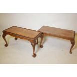 A walnut coffee table on carved cabriole supports with a burr walnut top, together with another