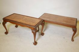 A walnut coffee table on carved cabriole supports with a burr walnut top, together with another