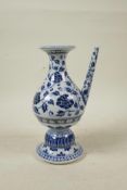 A Chinese blue and white porcelain pourer with scrolling lotus flower decoration, 6 character mark