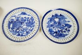 A pair of Chinese blue and white ribbon plates decorated with figures and buildings in a