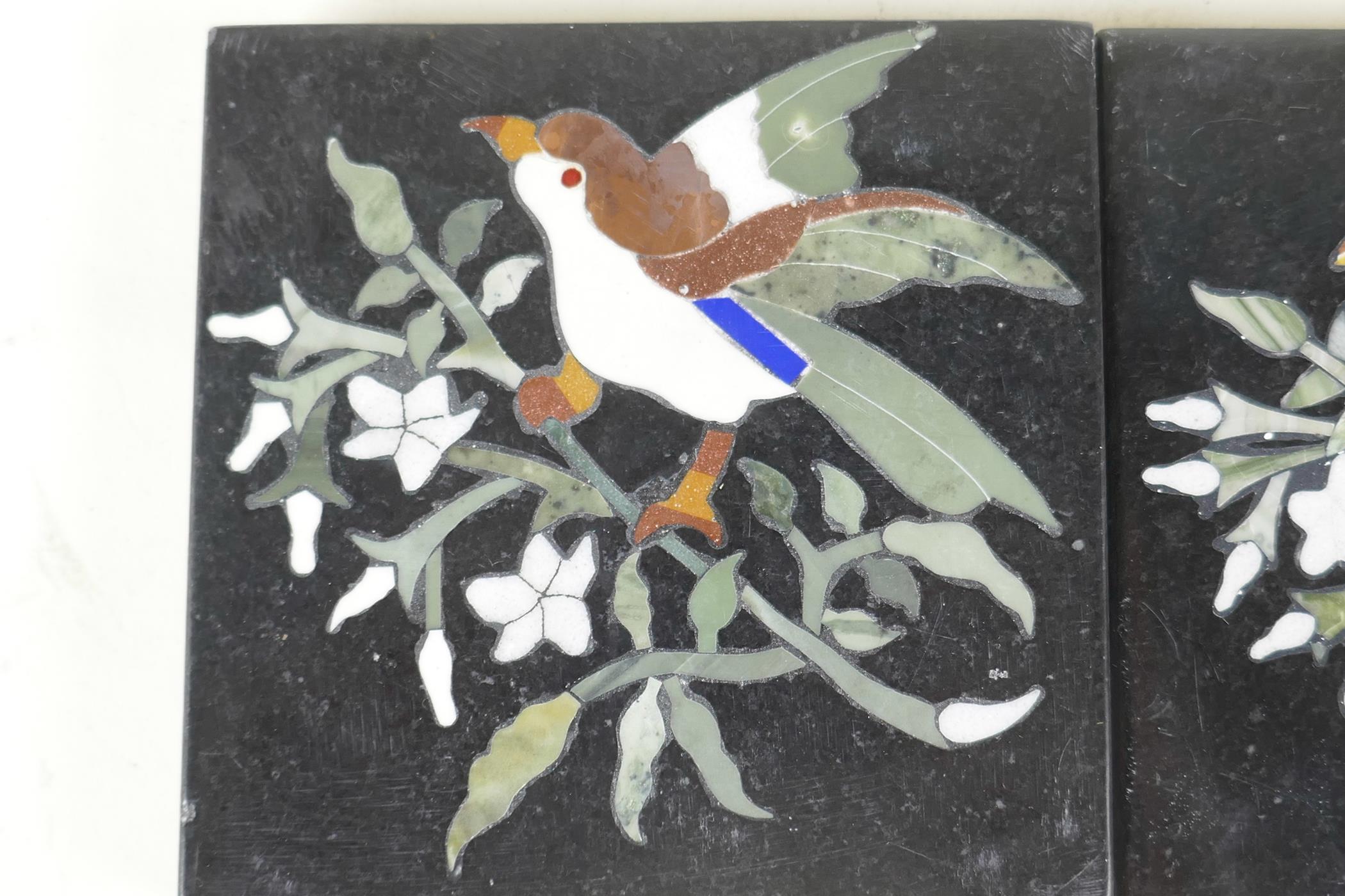 A pair of C19th pietra dura tiles decorated with birds on flowering branches, 4" square - Image 2 of 4