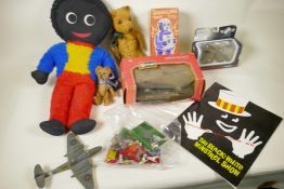 A box of various toys including a Burago Ferrari F40, boxed, a 1960s Sparkling Mike Robot, a