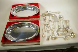 Three boxed stainless steel serving dishes together with a quantity of flatware including sifter