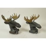 A pair of painted bronze furniture mounts cast as moose heads, 6" high x 6½" wide