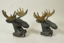 A pair of painted bronze furniture mounts cast as moose heads, 6" high x 6½" wide