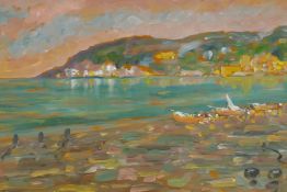 Continental bay with beached boats, inscribed verso 'Amalfi', oil on panel, 10" x 15"