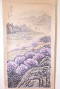 A Chinese watercolour scroll depicting a river landscape, 27" x 52"