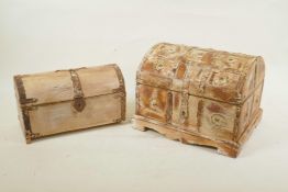 An Indian metal bound wooden casket with distressed paintwork, and another smaller, largest 10½" x