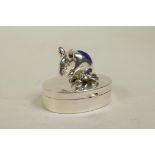 A 925 silver pill box with a mouse shaped pincushion set to the lid, 1" high