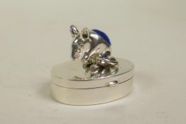 A 925 silver pill box with a mouse shaped pincushion set to the lid, 1" high