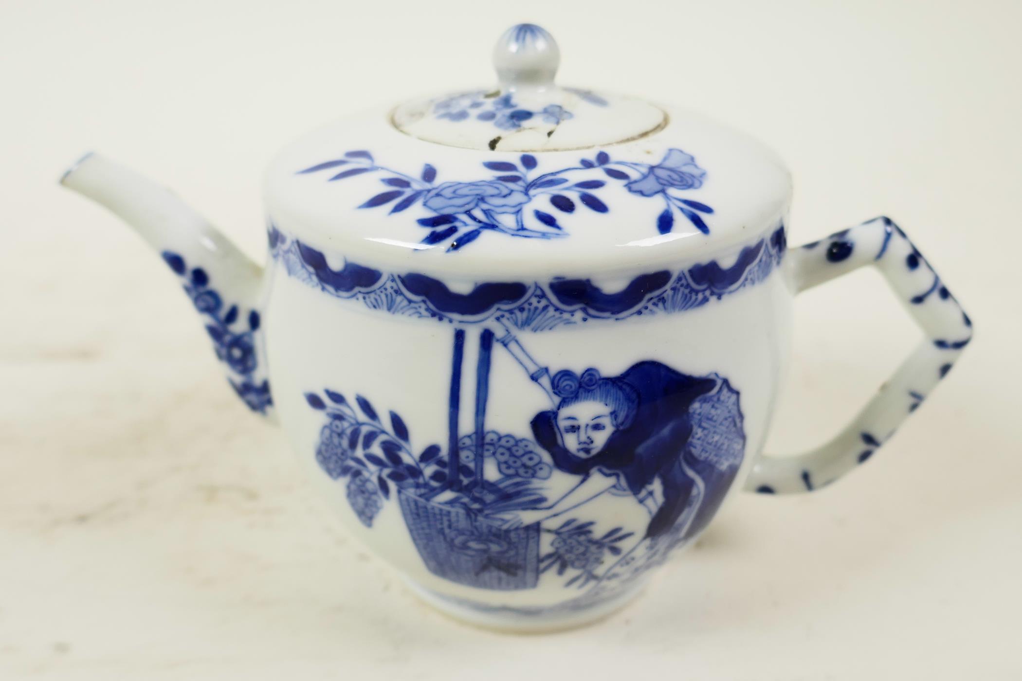 A Chinese style small blue porcelain teapot decorated with birds and blossom, A/F, 3½" high - Image 2 of 4