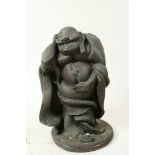 A Japanese bronze figure of a traveller with a sack on his back, 8" high