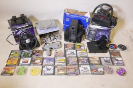 A Sony PlayStation games console, two dualshock controllers, a G-Con 45 controller, a Mad Catz PS1