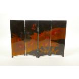 A Japanese lacquer four fold concertina table screen with goldfish decoration, each panel 3" x 8½"