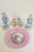A pair of hard paste figures of musicians, and another pair of child game hunters together with a
