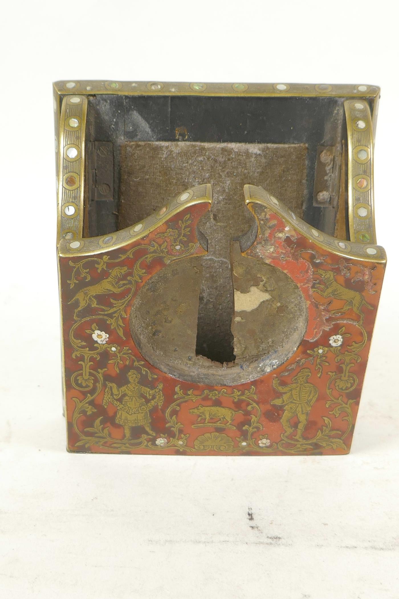 A C19th boulework folding watch holder with brass inlay of figures and animals, 5" x 4"