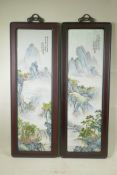 A pair of Chinese Republic style porcelain panels decorated with famille verte mountain landscape