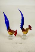 A pair of Murano glass cockerels, 10½" high