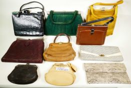Ten handbags from the 1920s, 30s, 40s and 50s, including a 1950s black crocodile skin bag, A/F,