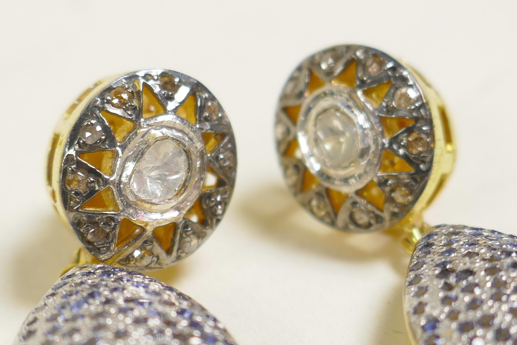 A pair of silver gilt uncut diamond and sapphire cluster drop earrings - Image 2 of 3