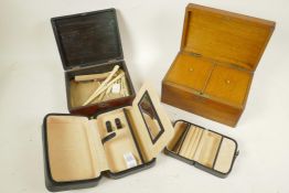 A C19th oak two compartment tea caddy together with an Oriental lacquered trinket box and a small
