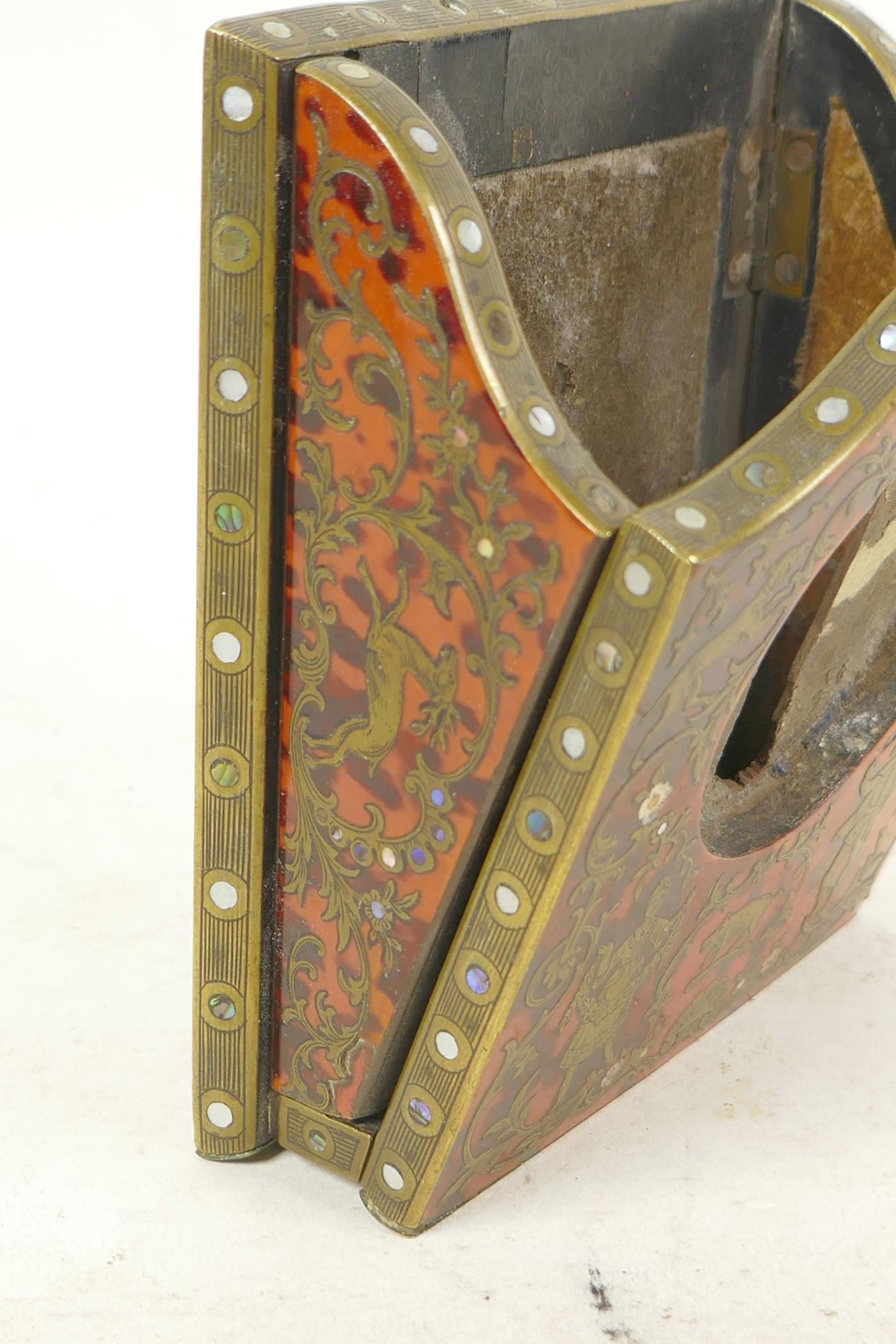 A C19th boulework folding watch holder with brass inlay of figures and animals, 5" x 4" - Image 2 of 4