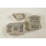 Three Chinese white metal trade tokens/ingots, 2" long