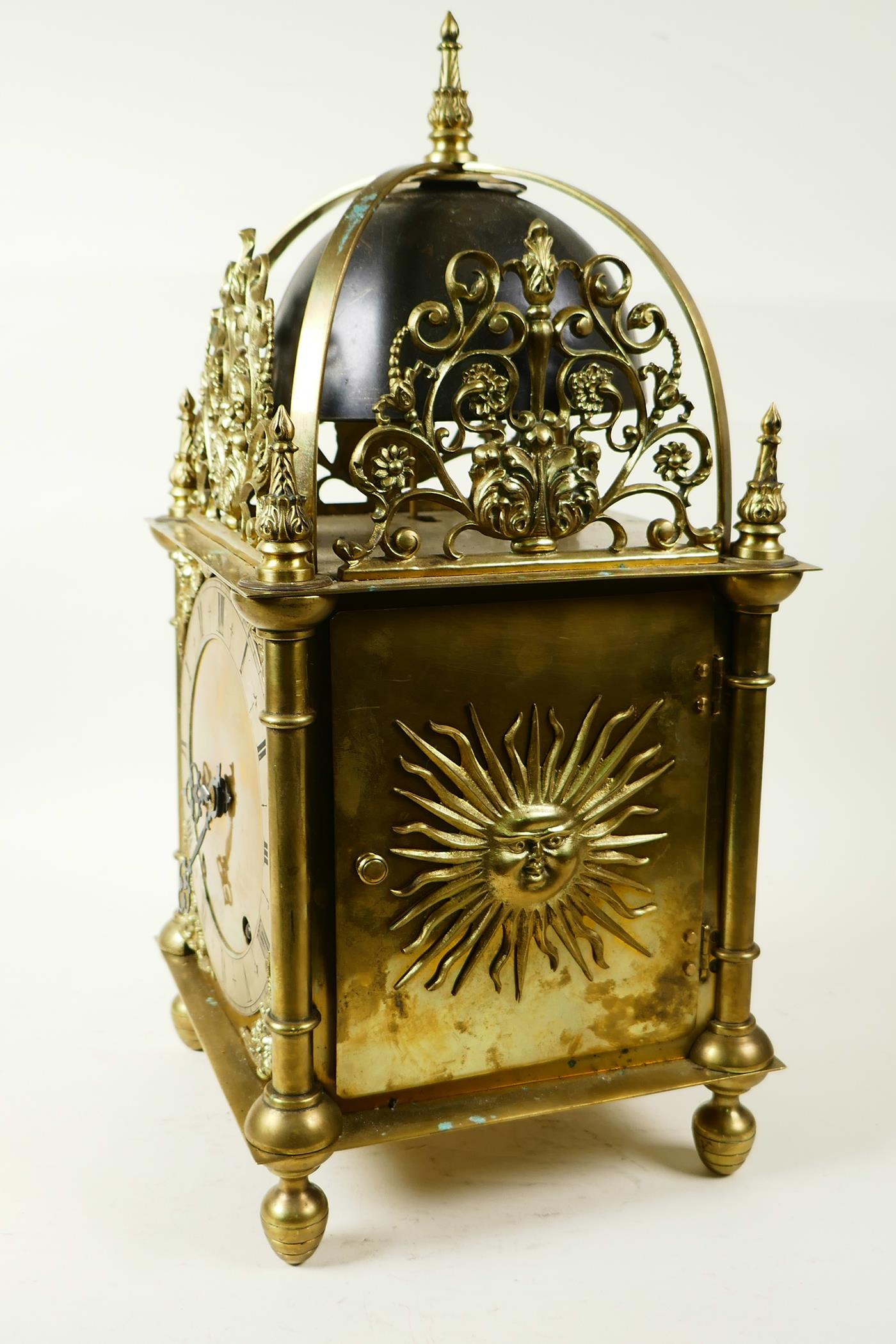 A brass cased lantern clock with two train movement striking on a gong, the case with cast - Image 3 of 7