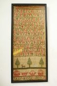 An early C19th hand stitched sampler in cross stitch by 'Jane Meek - 1822' (sister of Janet Meek),