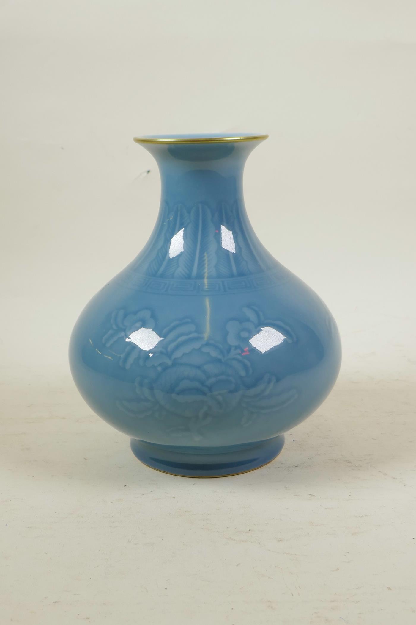 A Chinese duck egg blue glazed porcelain vase with underglaze decoration depicting branches - Image 3 of 4