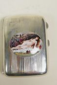 A hallmarked silver engine turned cigarette case with a later applied cold enamel plaque depicting a