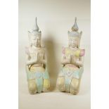 A pair of Thai carved and painted wood figures kneeling in prayer, 21½" high, A/F