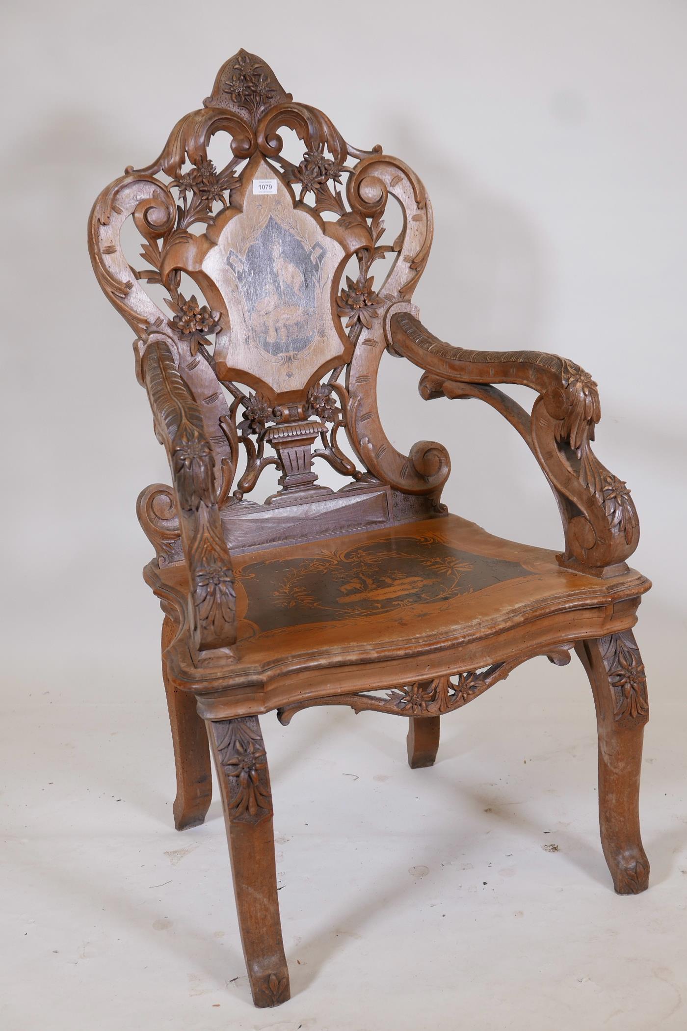 A C19th Swiss inlaid walnut musical open armchair with carved and pierced back and arms, 47½" high - Image 2 of 10